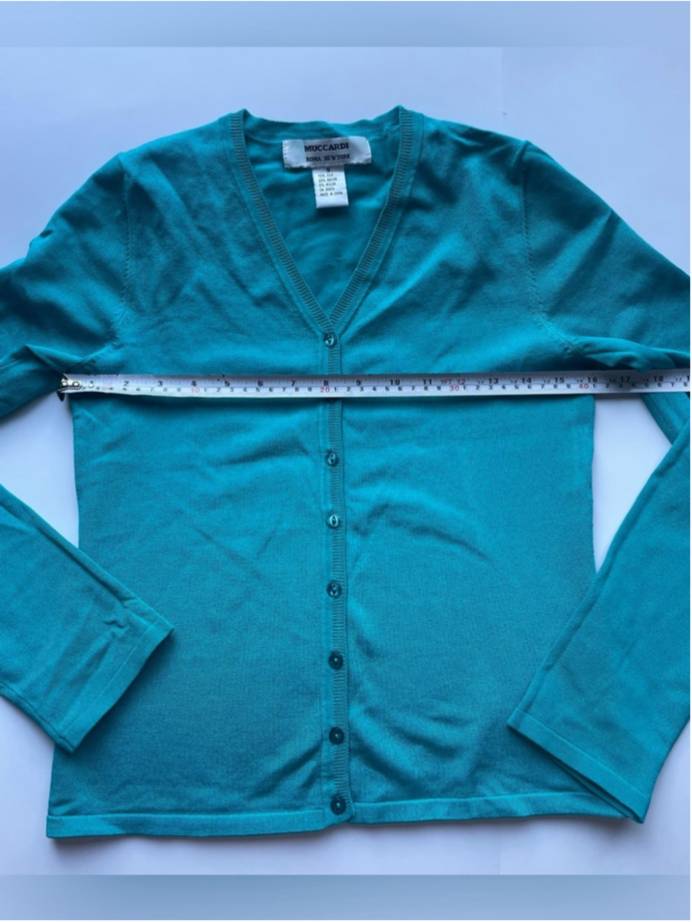 Muccardi Silk sweater Teal Cardigan Size 8 Button Front Lightweight Luxury Layer - Picture 8 of 8
